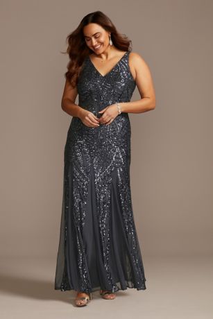 morgan and co embroidered mesh evening dress