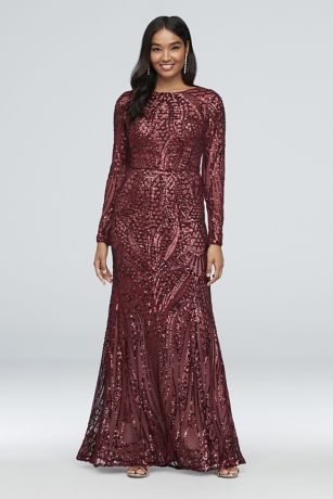 long sleeve allover sequin mermaid gown