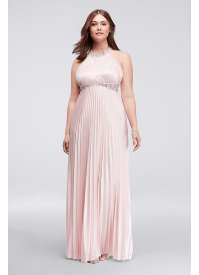 Strappy Back Pleated Halter Plus Size Prom Dress David s Strappy Back Pleated Halter Plus Size Prom Dress David s