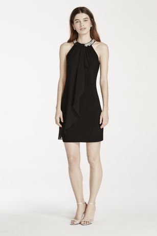 black dress with pearls on neckline