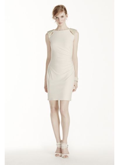 Short Jersey Dress with Cutout Pearl Shoulders | David's Bridal