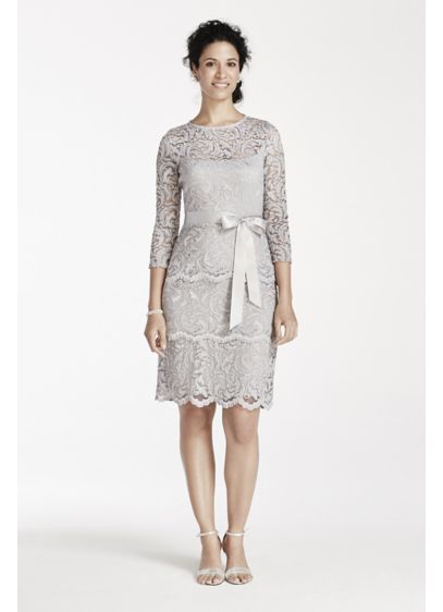 Short 3/4 Sleeve Tiered Floral Lace Dress - Davids Bridal