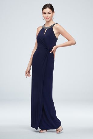 bridesmaid navy halterneck lace insert fishtail dress
