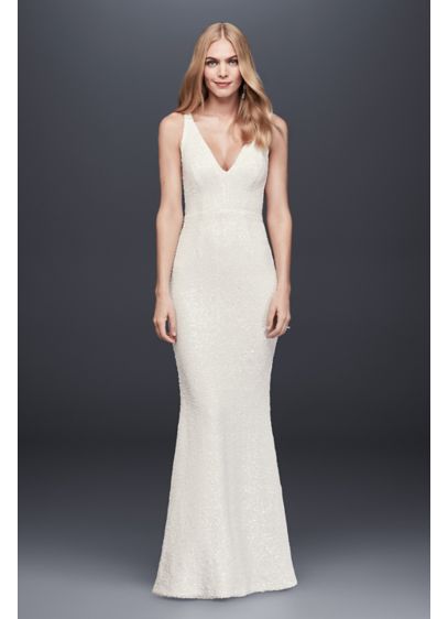 Allover Sequined V Neck Sheath Gown David s Bridal Allover Sequined V Neck Sheath Gown David s Bridal