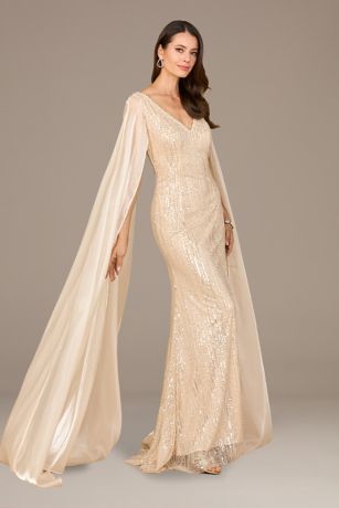Picture of Beaded Gown with Satin Cape Sleeves