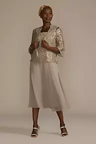 Le Bos Tea Length Sequin Lace and Chiffon Jacket Dress