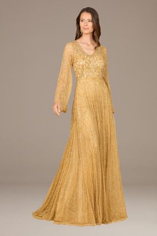 gold beaded dress with sleeves LONG SLEEVE FULLY BEADED SHEATH GOWN CD0239 – MARIGOLD DRESSES main image 0