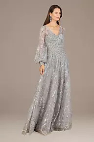 Lara Lara Long Sleeve Embroidered Lace Ball Gown