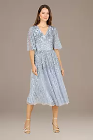 Lara Lara Irene Tea Length Sequin Tulle A-Line Dress