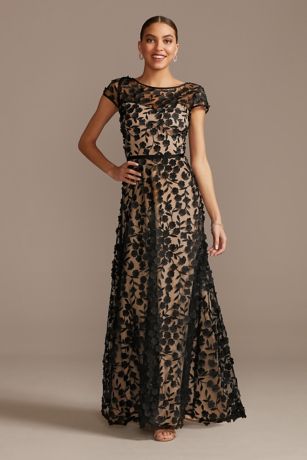 xscape cap sleeve embroidered gown