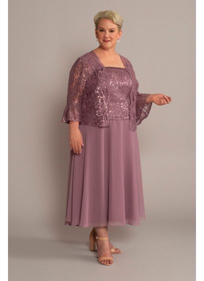 Purple Mother Of The Bride Dress Tea Length Lace With Chiffon Jacket Custom Gown 