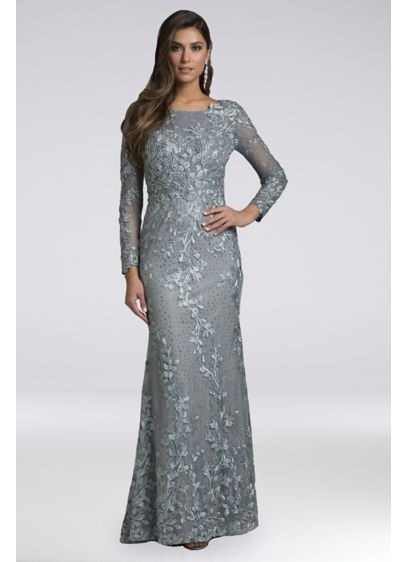 Lara Aurora Lace Appliqued Mermaid Gown - Vine-ilke lace appliques and glittering rhinestones cover this