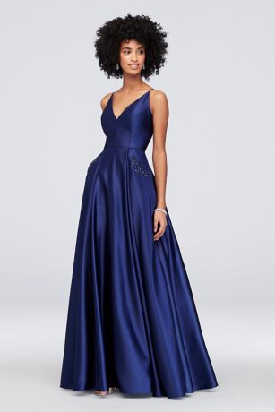 v neck satin ball gown