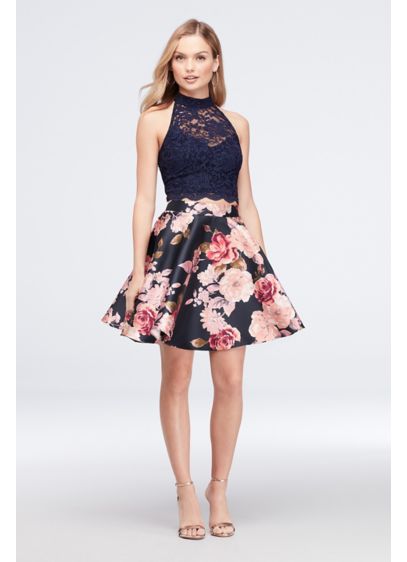 High Neck Lace And Printed Mikado Two Piece Dress David S Bridal