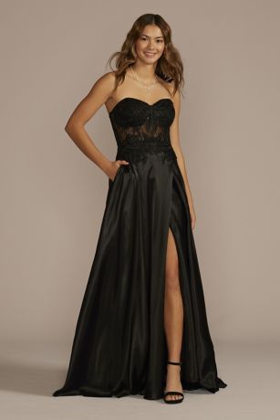 Picture of Strapless Illusion Lace Applique Satin A-Line