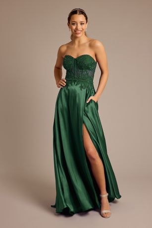 Picture of Strapless Illusion Lace Applique Satin A-Line