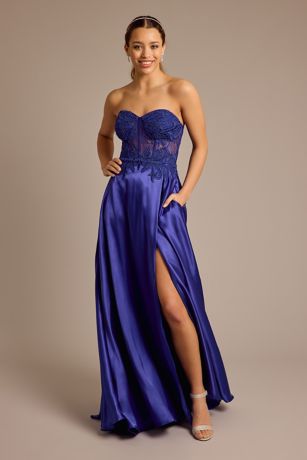 Picture of Strapless Illusion Lace Applique Satin A-Line