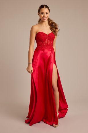 Picture of Strapless Illusion Lace Applique Satin A-Line