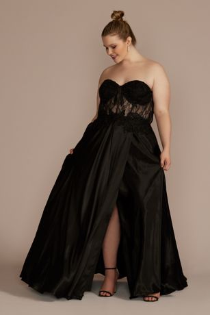 Picture of Strapless Illusion Lace Applique Satin A-Line