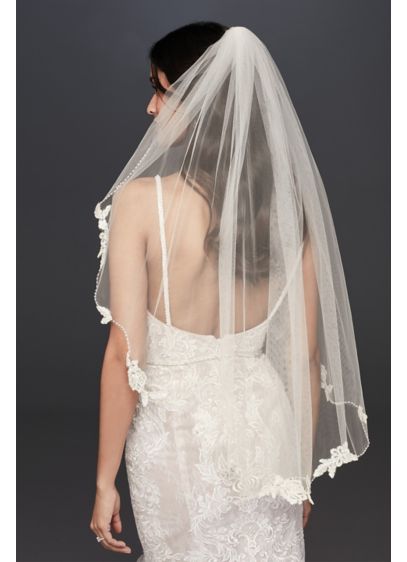 Off White 2 Tiers Elbow Length With Bead And Crystal Edge Bridal Veil Diamond 