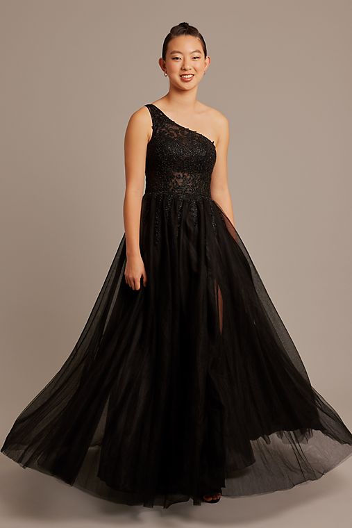 Blondie Nites Beaded Lace and Tulle One-Shoulder A-Line Dress