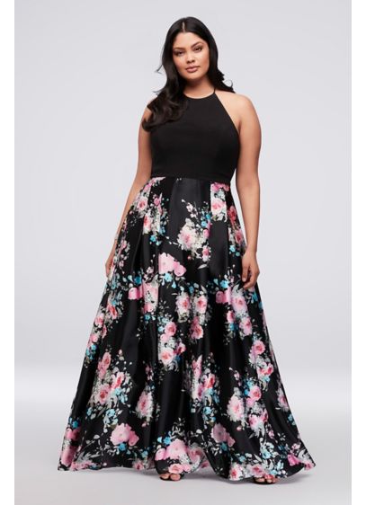 Jersey and Floral  Satin Plus  Size  Halter Ball Gown David  Jersey and Floral  Satin Plus  Size  Halter Ball Gown David