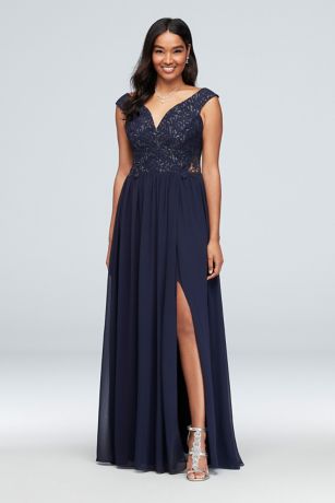 Shoulder Metallic Lace and Chiffon Gown 