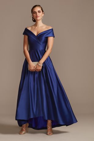 xscape off the shoulder satin gown