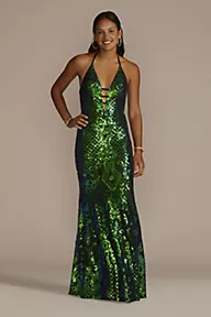 Blondie Nites Patterned Sequin Sheath with Plunging Halter Neck