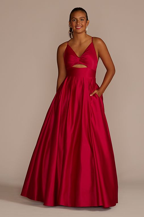 Blondie Nites Long V-Neck Satin Ball Gown with Bodice Cutout