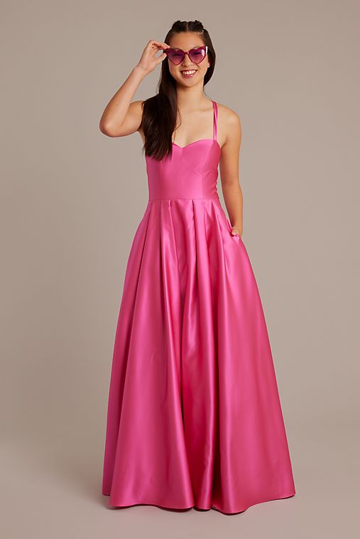 Blondie Nites Satin Spaghetti Strap Ball Gown with Lace-Up Back