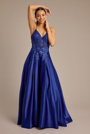 Picture of Satin Ball Gown with Illusion Applique Bodice
