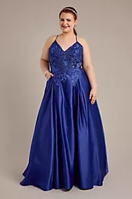 Blondie Nites Satin Ball Gown with Illusion Applique Bodice