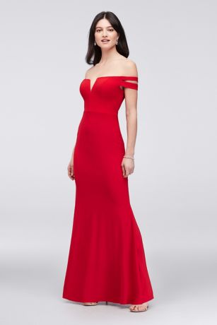 xscape red off the shoulder dress