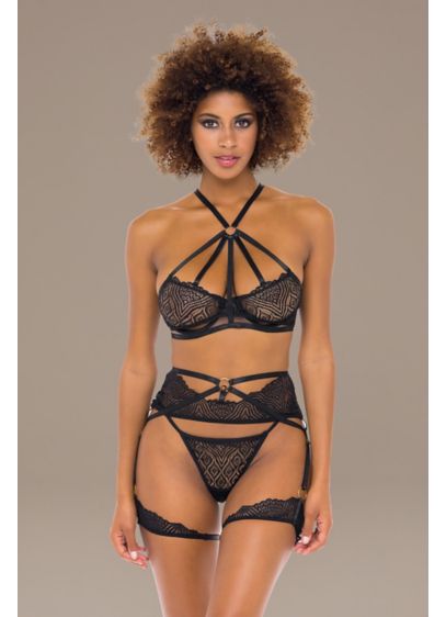 Oh La La Cheri Ivonne Three-Piece Lingerie Set - Featuring a lace construction with strappy caged accents,