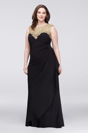 gathered jersey plus size dress with lace bodice