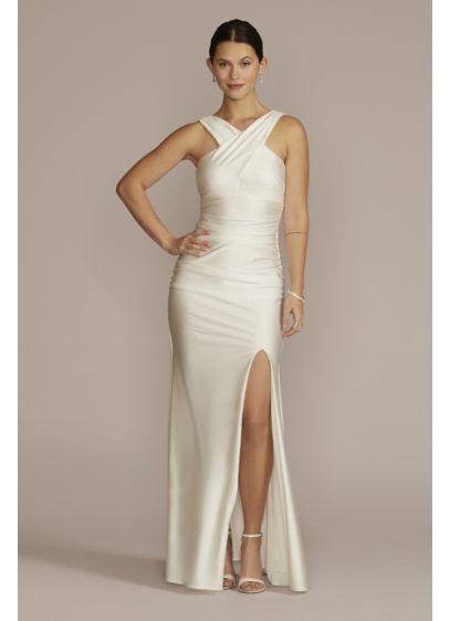 Charmeuse Crossover Halter Ruched Wedding Gown - Sophisticated and sexy. Figure-hugging and flattering. When you're