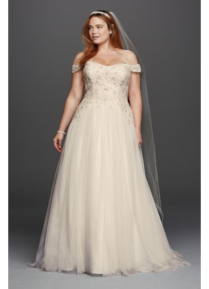 Oleg Cassini Plus Size Swag Sleeve Wedding Dress | David's Bridal