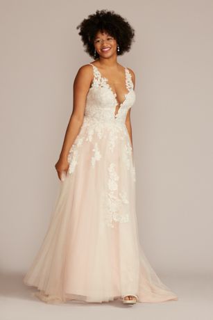 Oleg Cassini Illusion Plunge V-Neck Lace Wedding Gown in Ivory/Cashmere Size: 18W David's Bridal