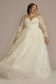 Oleg Cassini Lace Appliqued Illusion Long Sleeve Wedding Dress