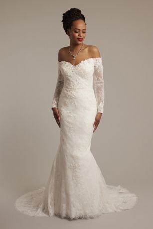 Oleg Cassini Long Sleeve Lace Mermaid Wedding Dress in Solid Soft White Size: 28W David's Bridal