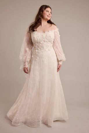 Melissa Sweet Billowy Long Sleeve Off-The-Shoulder Wedding Dress in Ivory/Stone Size: 28W David's Bridal