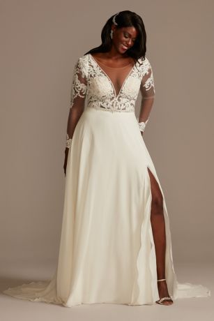 Galina Signature Applique Illusion Chiffon Plus Size Wedding Dress in White Size: 18W David's Bridal