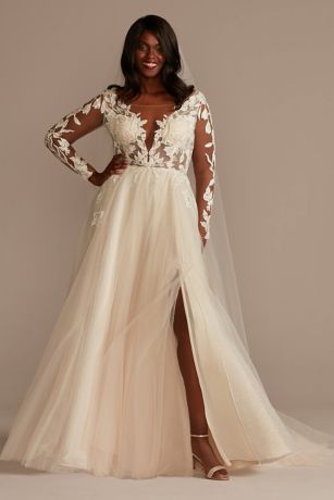Galina Signature Illusion Plunge Lace Appliqued Wedding Dress in Solid White/Cocoa Size: 16W David's Bridal