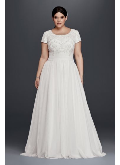 Modest Plus  Size  A Line  Beaded Wedding  Dress  David s Bridal  Modest Plus  Size  A Line  Beaded Wedding  Dress  David s Bridal