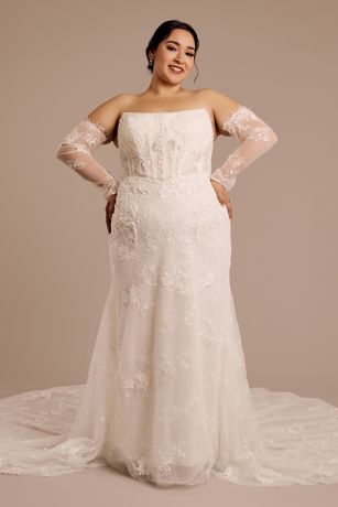 Picture of Galina Signature Removable Sleeve Appliqued Mermaid Wedding Dress in Solid Soft White Size: 22W David's Bridal