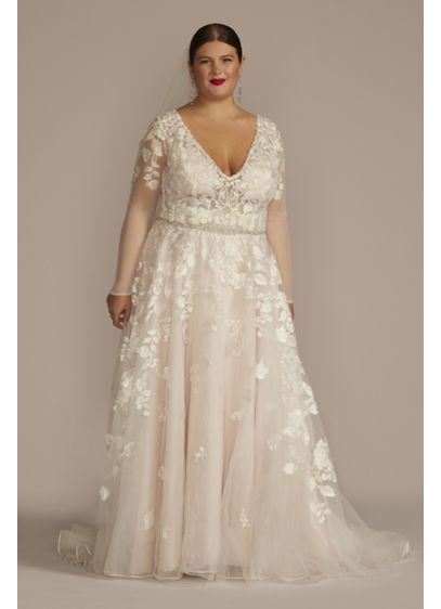 Plunging Illusion Sleeve Ball Gown Wedding Dress David s Plunging Illusion Sleeve Ball Gown Wedding Dress David s