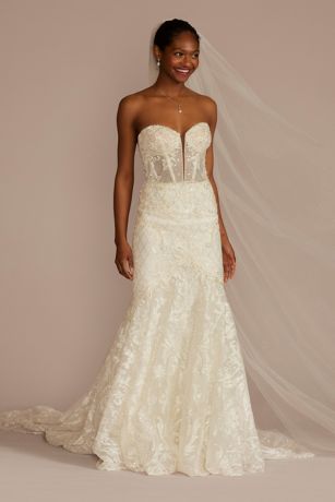 Galina Signature Beaded Brocade Embellished Mermaid Wedding Dress in Ivory/Champagne Cocoa Size: 22W David's Bridal