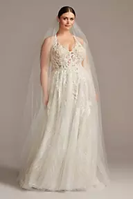 Galina Signature Floral Applique Open Back Bodysuit Wedding Dress
