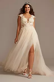 Galina Signature Illusion Plunge Lace Appliqued Wedding Dress